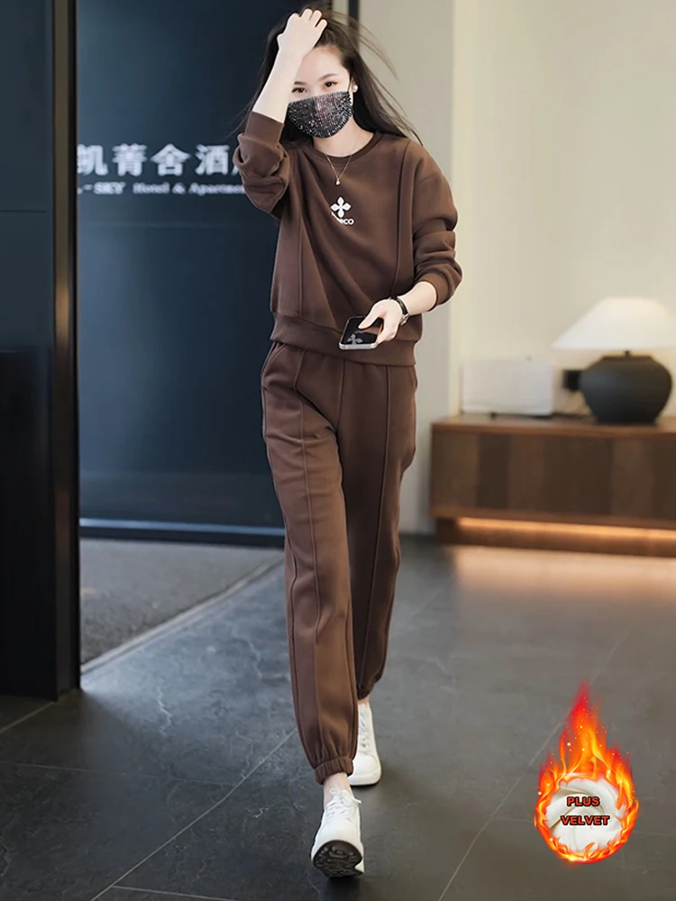

Женский бархатный комплект Twopiece, новый корейский уличный модный Свободный Толстый Пуловер + повседневные штаны, спортивный костюм, Осень-зима