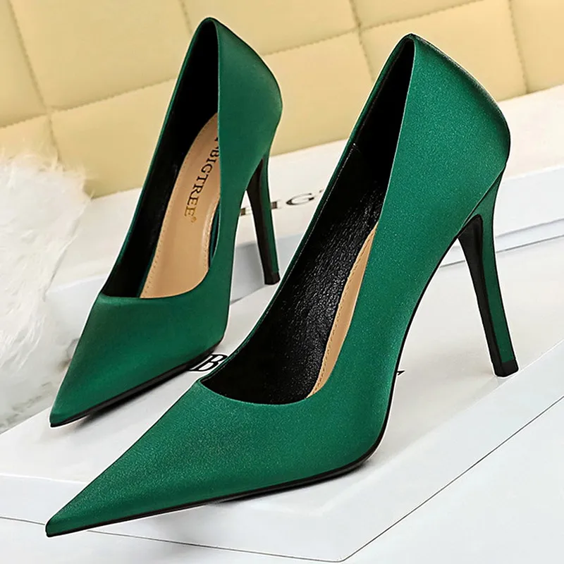 

Туфли BIGTREE женские шелковые, пикантные туфли-лодочки, высокий каблук-шпилька, заостренный носок, зеленые, для свадьбы, вечеринки, 10 см, весна ...