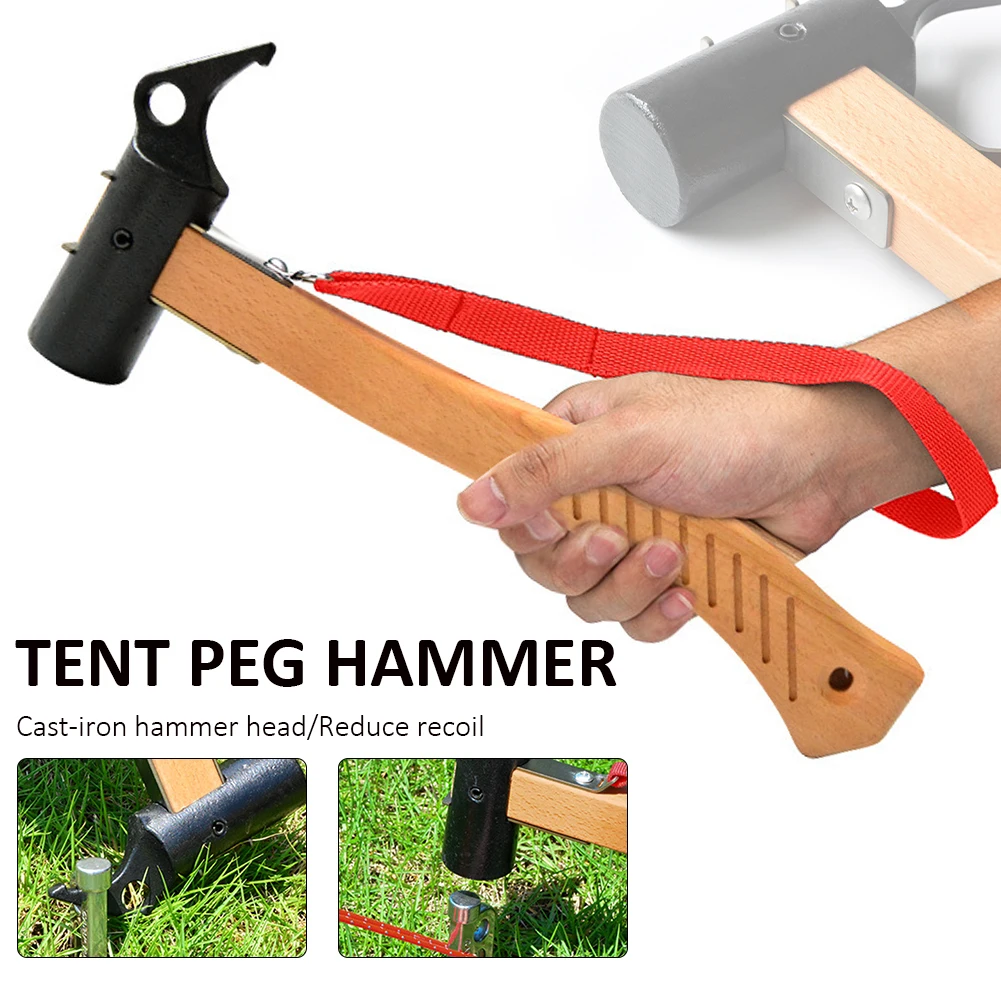 

Tent Peg Hammer Outdoor Camping Cast Iron Tent Stake Hammer Wooden Handle with Peg Remover Tether for Backpacking Hiking Fishing