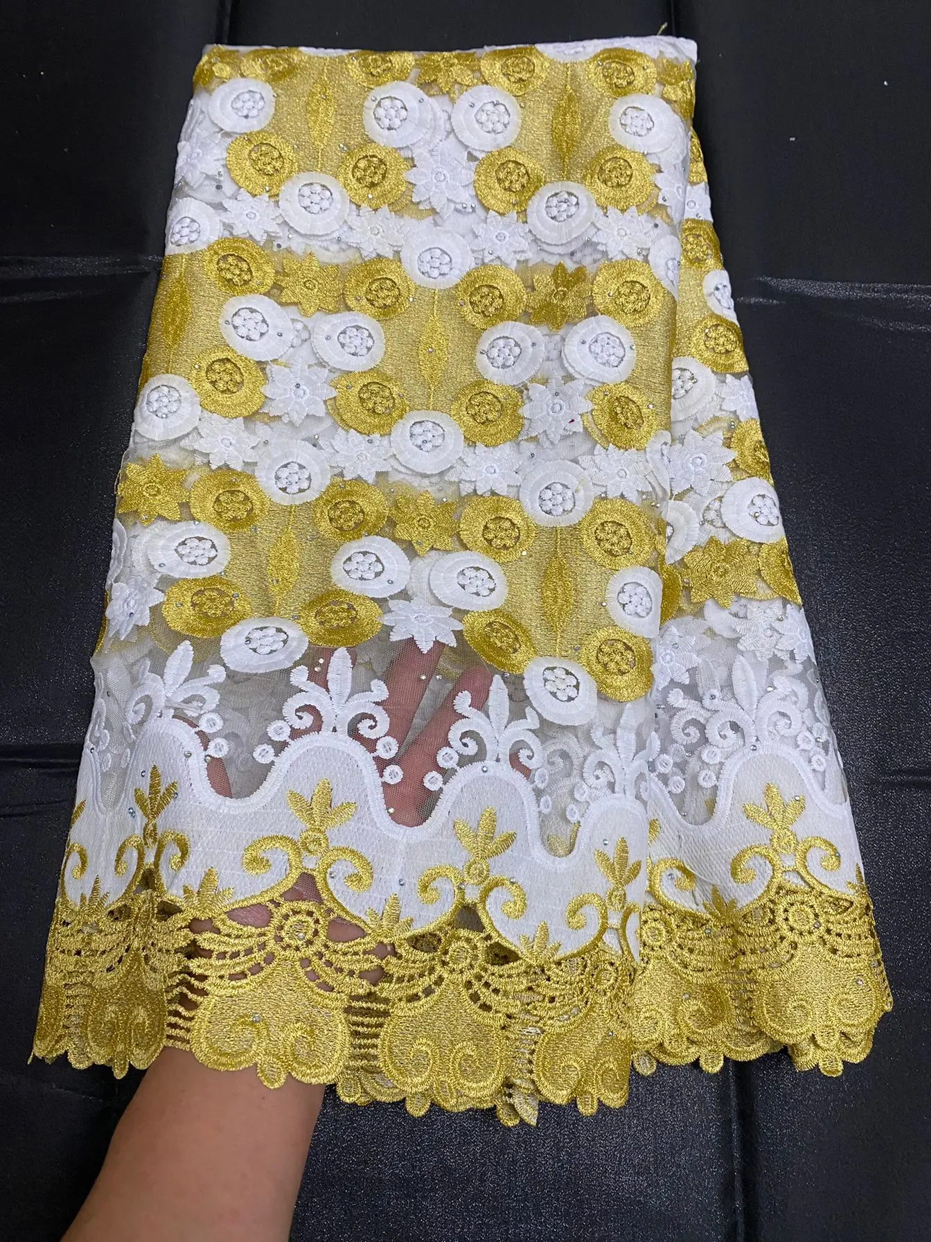 Бело-желтая африканская кружевная ткань с камнями молочная шелковая сетка для