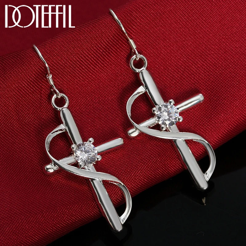 

DOTEFFIL 925 Sterling Silver Cross AAA Zircon Drop Earrings For Women Best Gift Wedding Engagement Jewelry