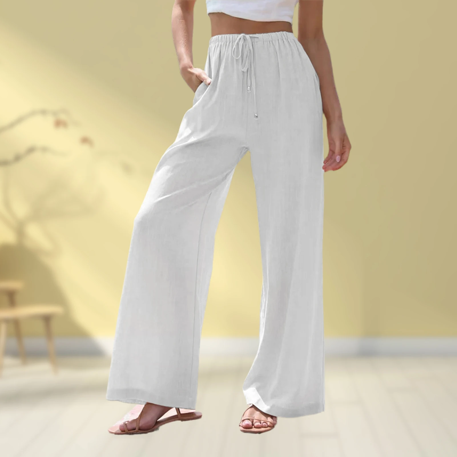 

Брюки женские прямые из хлопка и льна, повседневные модные однотонные простые элегантные свободные штаны на завязках, весна-лето