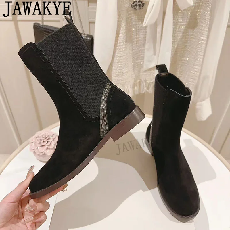 Женские замшевые ботильоны на плоской подошве с круглым носком