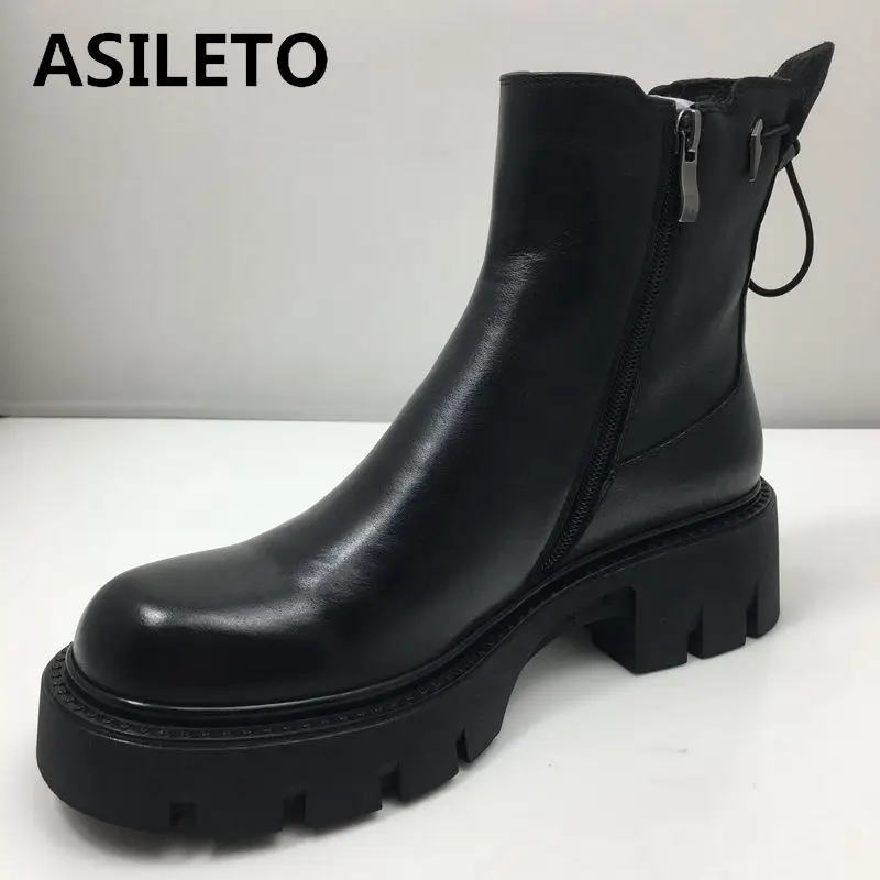

ASILETO Russia Full Grian Leather High Quality Martin Boots Fur Warm Big Platform 5cm Square Heel Round Toe Zip Anti Slip 40