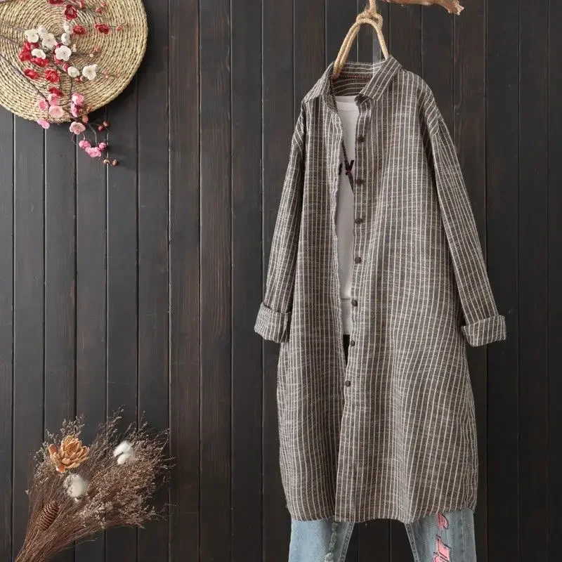 Блузка женская свободного покроя длинная рубашка из хлопка и льна