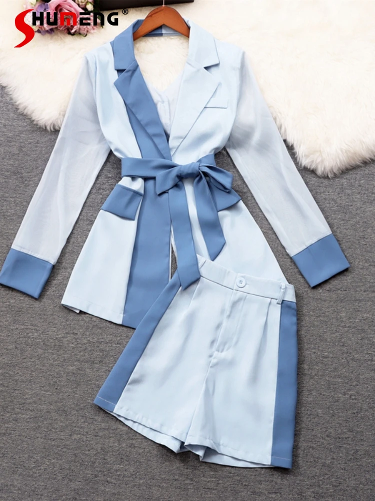 

Shorts Sets 2022 Fall Women's Clothing New Color Contrast Suit Collar Lace Up Slim Top Shorts Two Piece Sets Women's Outifits