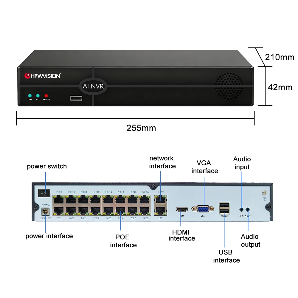 Фото HFWVISION 4K POE NVR 16-канальный видеорегистратор с выходом HDMI VGA, аудиовыходом, H265, Onvif, AI, IP, для систем видеонаблюдения CCTV №3