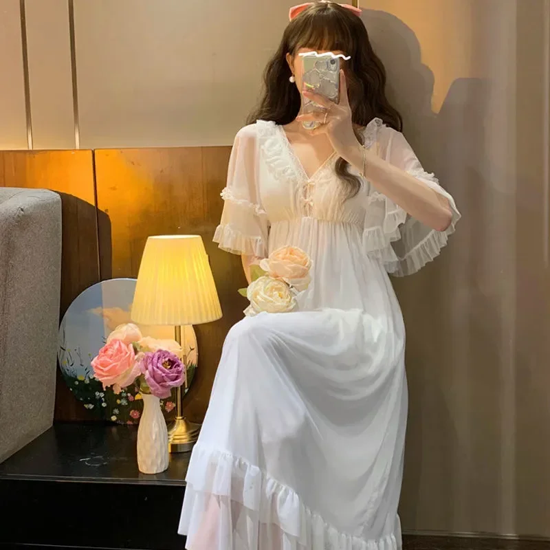 

Women Dress Lolita Nightgown Lace Fairy Kawaii With Pad White Nightdress Dress Princess Sleepwear Loungewear Chest Night