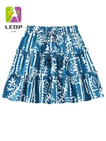 ledp small fresh elastic high waist blue printed skirt womens retro pleated skirt stitching large swing skirt womens miniskirt