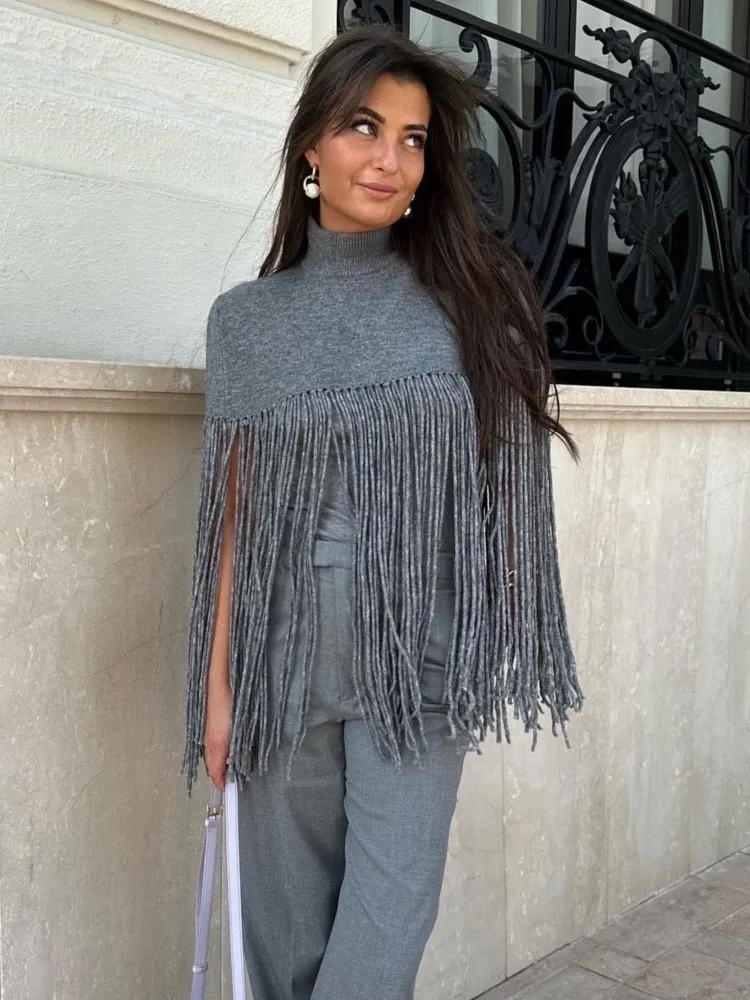 

Элегантная вязаная накидка с высоким воротником, женский модный сексуальный пуловер с бахромой, Женская однотонная Повседневная Свободная уличная одежда на осень/зиму 2023
