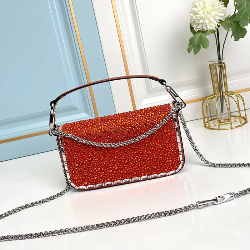 New Women's Bag Beaded Chain Bag Fashion Retro Shoulder Bag Top Handbag Shiny Purse Ladies Dinner Bag Armpit Bag
