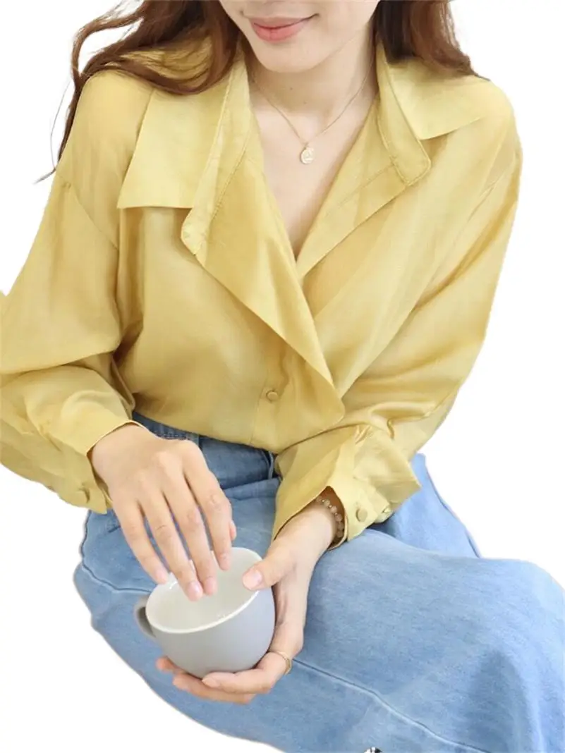 

Женская блузка из вискозы, однотонная Свободная рубашка с отложным воротником и широкими полями, тонкий Топ с длинным рукавом, весна 2023