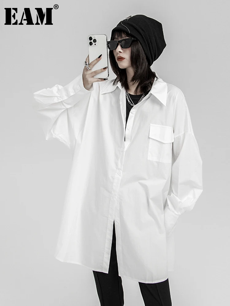 

[EAM] Women White Brief Big Size Casual Blouse New Lapel Long Sleeve Loose Fit Shirt Fashion Tide Spring Autumn 2022 1DE7792