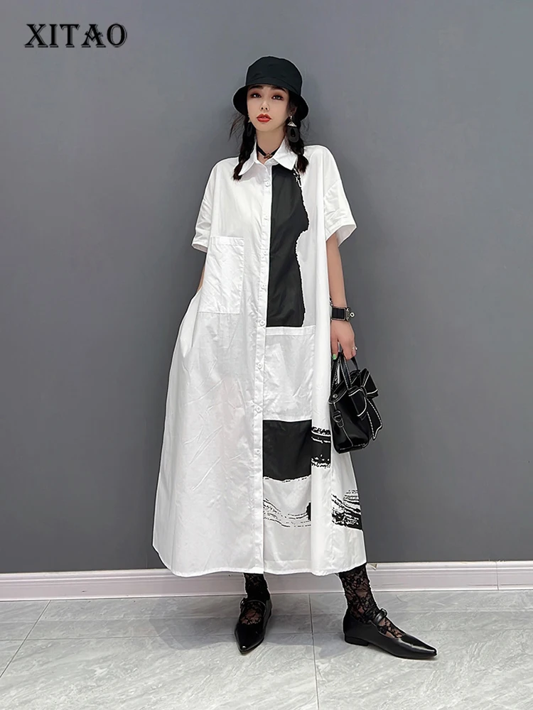 

XITAO Asymmetrical Print Shirt Dress Fashion Loose Contrast Color Splicing Summer Simplicity Casual Temperament New WLD8467