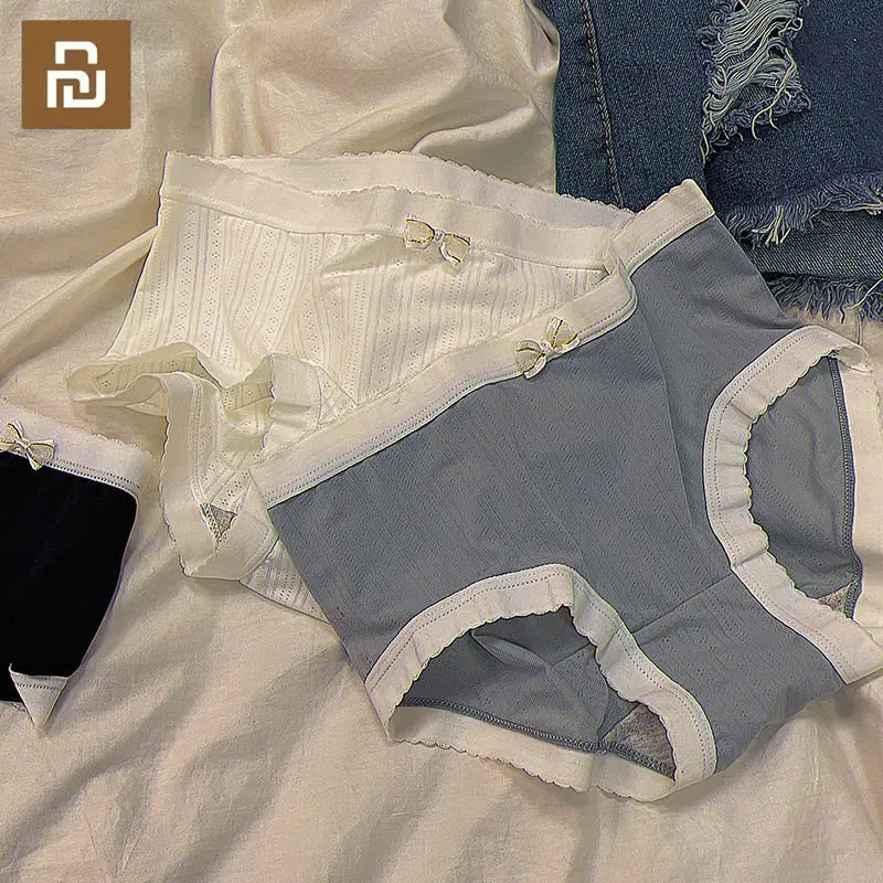 

Youpin 3Pcs Printed Cute Underpants Ladies Cotton Panties Bow Knot Comfortable Soft Underwear Lace Trim Underpants for Women