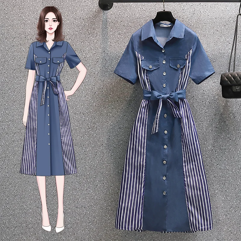

Denim Jeans Stripe Patchwork Shirt Dress For Womens Ladies Girl Plus Size Slim Casual Robes Loose Blouses Blusas Summer Dresses