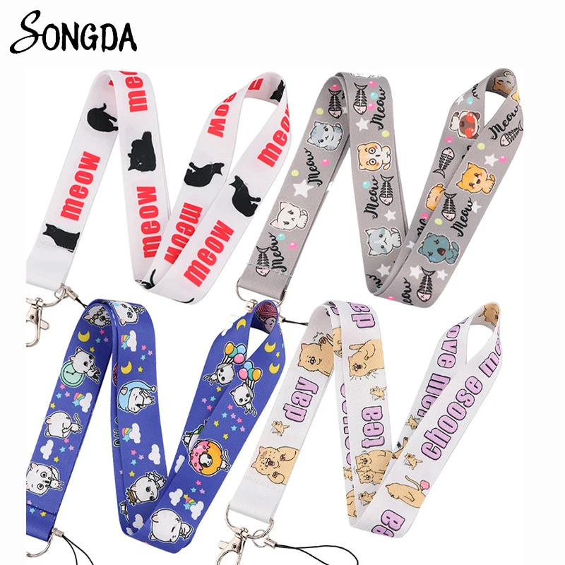 

Cute Cartoon Cat Lanyards Ribbon Keychains Holder Colorful Carabiner Clips Neck Straps Badge KeyHook for Mobile Phone Jewelry
