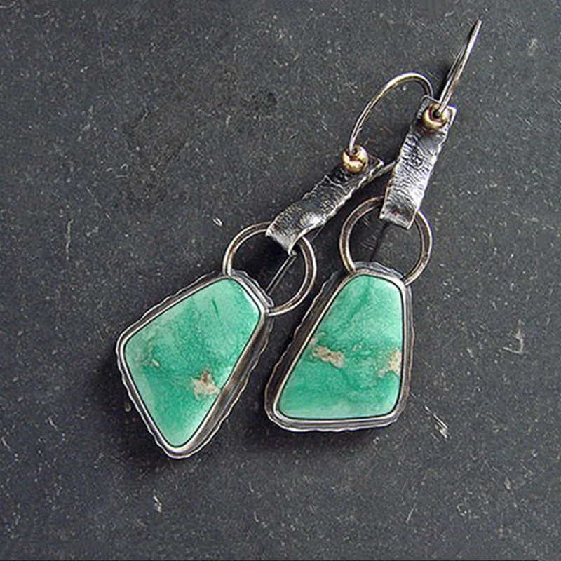 

Vintage Bohemian s Earrings Jewelry Silver Color Geometric Green Stone Pierced Drop Earrings for Women
