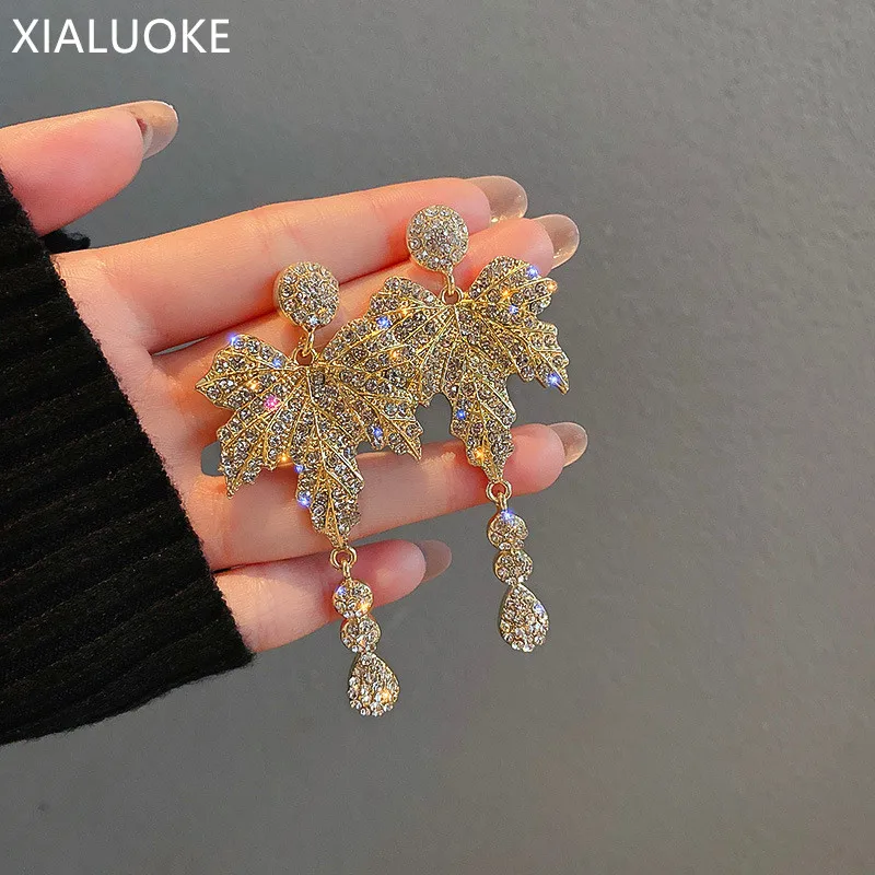 

Женские Винтажные висячие серьги XIALUOKE, роскошные элегантные длинные висячие серьги с золотым листом, свадебные ювелирные изделия, новинка