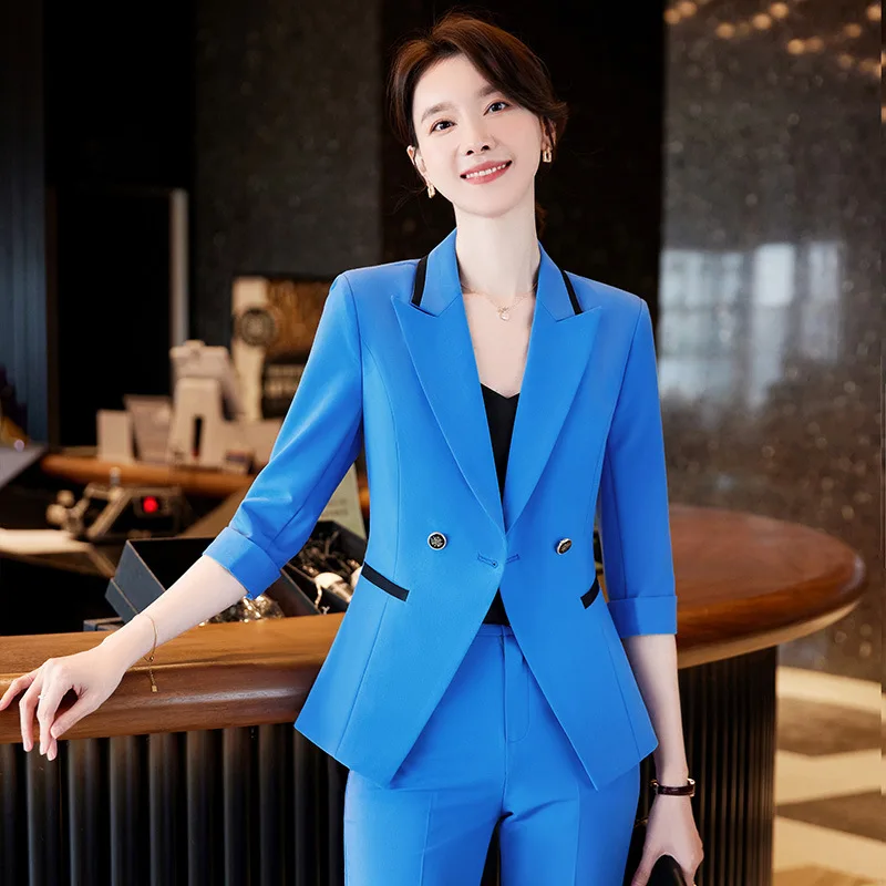 

Half Sleeve Formal Women Business Suits with Pants and Jackets Coat OL Styles Professional Female Blazers Trouser Sets S-4XL