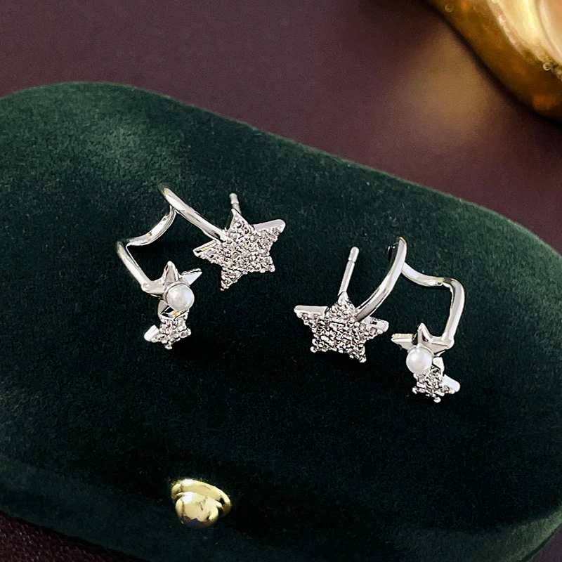 

DREJEW Shiny Zircon Ear Cuff Wrap Stud Earrings for Women Personality Star Ear Studs Ear Clip Elegant Pearl Earrings Jewelry