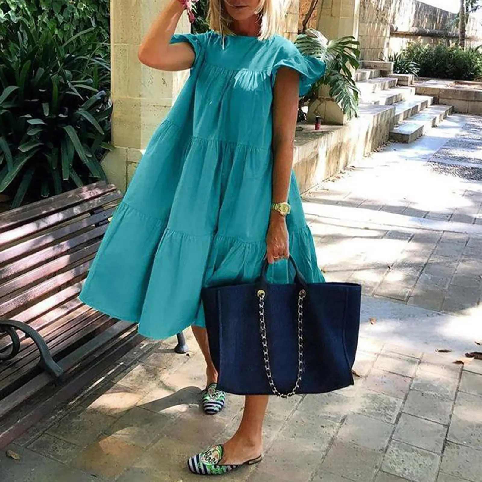 

Retro Oversized Patchwork Dress Women's Casual Round Neck Short Sleeve Midi Dresses Flowy Swing Vestidos Female Ruffled Sundress