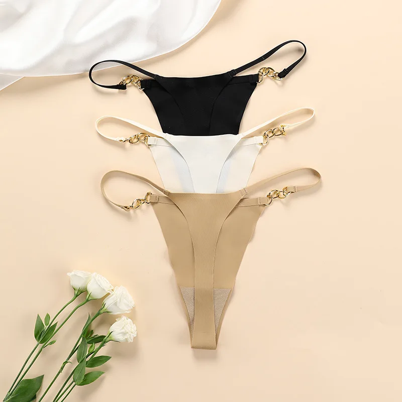 

T Back Seamless Ice Silk Bikini Underwear String Tanga Women Metel Thin Strap Low Rise Thongs Panties Hilo Dental Mujer Lenceria