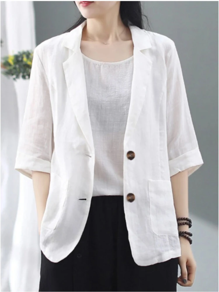 

New Spring and Summer Solid Color Cotton and Linen Pocket Lapel Cropped Sleeve Jacket Suit Jacket Ladies Fashion Casual Cardigan