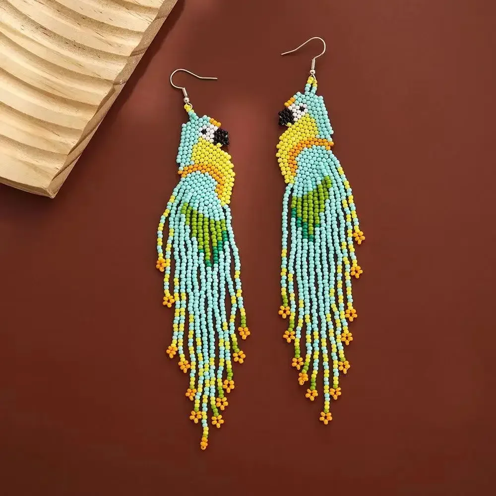 Богемия Серьги из рисовых бусин Попугай Маленькая птичка Кисточки ...