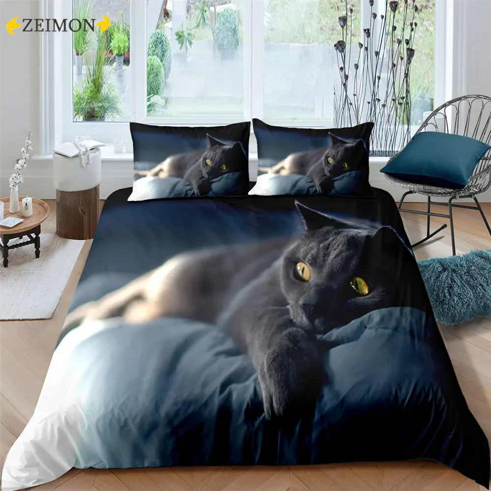 

ZEIMON Adult Kids Polyester Duvet Cover Set 3D Print Cartoon Animal Cat Bedding Sets King Size for Single Full Double Bedclothes