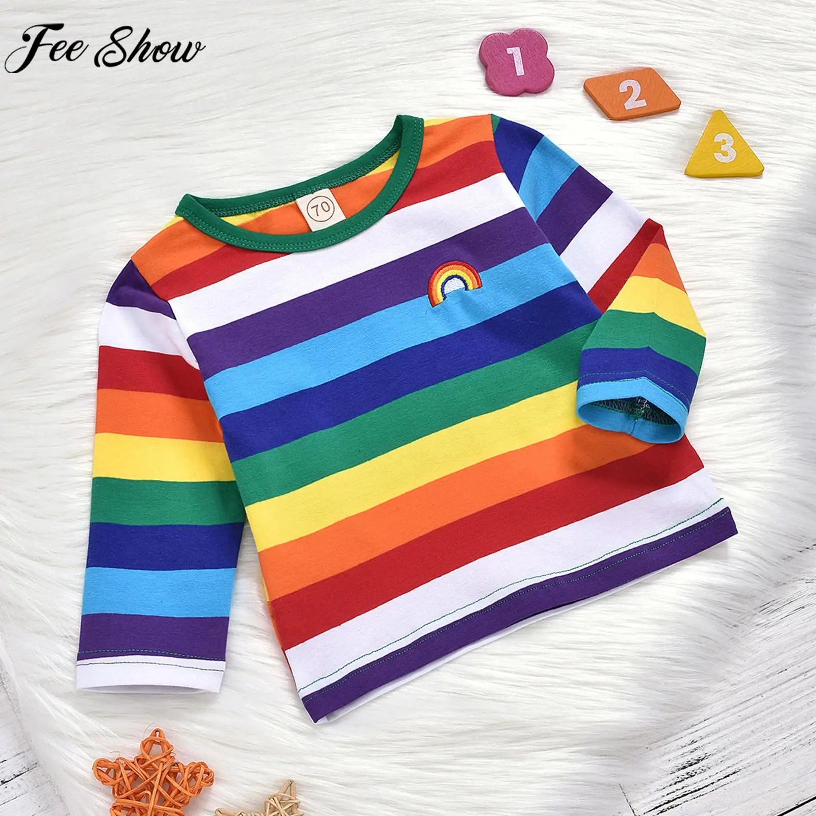 

Infant Casual T-shirt Boys Girls Fashion Long Sleeve Tees Rainbow Striped Tops Baby Spring Autunm Costume Daily Wear Loungewear