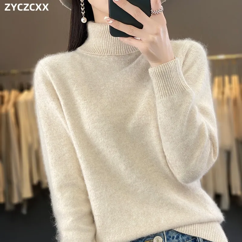 

100% Pure Mink Cashmere Women's Turtleneck Sweater Pullover Korean Sweater Jacket Women's Autumn And Winter Thick Warm Knitwear