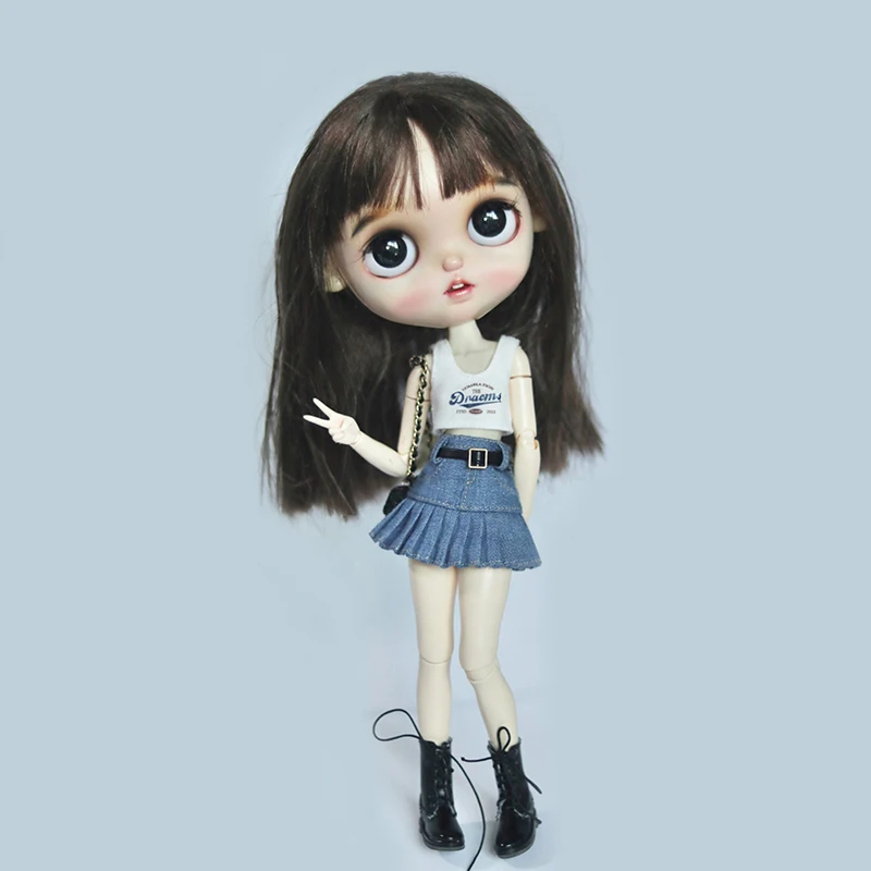 Фото Новое поступление, Одежда для куклы Blythe, футболка с принтом, жилет и джинсовая юбка с поясом для Blyth Licca OB24, одежда, аксессуары для кукол №2