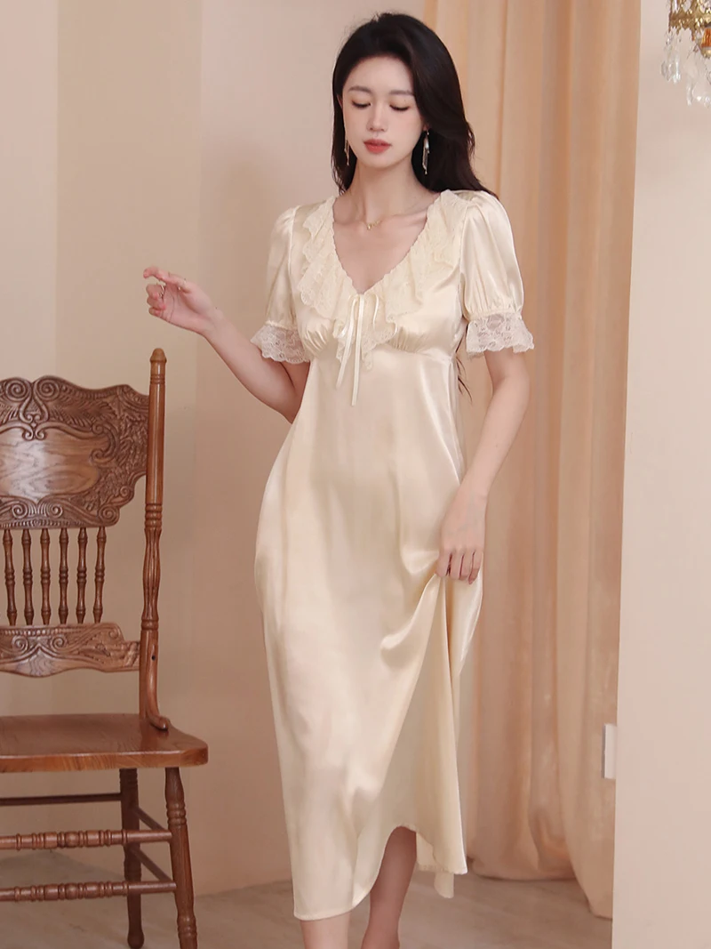 Women Femme Summer French Vintage Princess Sexy Gown Nightdress Short Sleeve V-Neck Ruffles Lace-up Home Pajamas Fairy Sleepwear