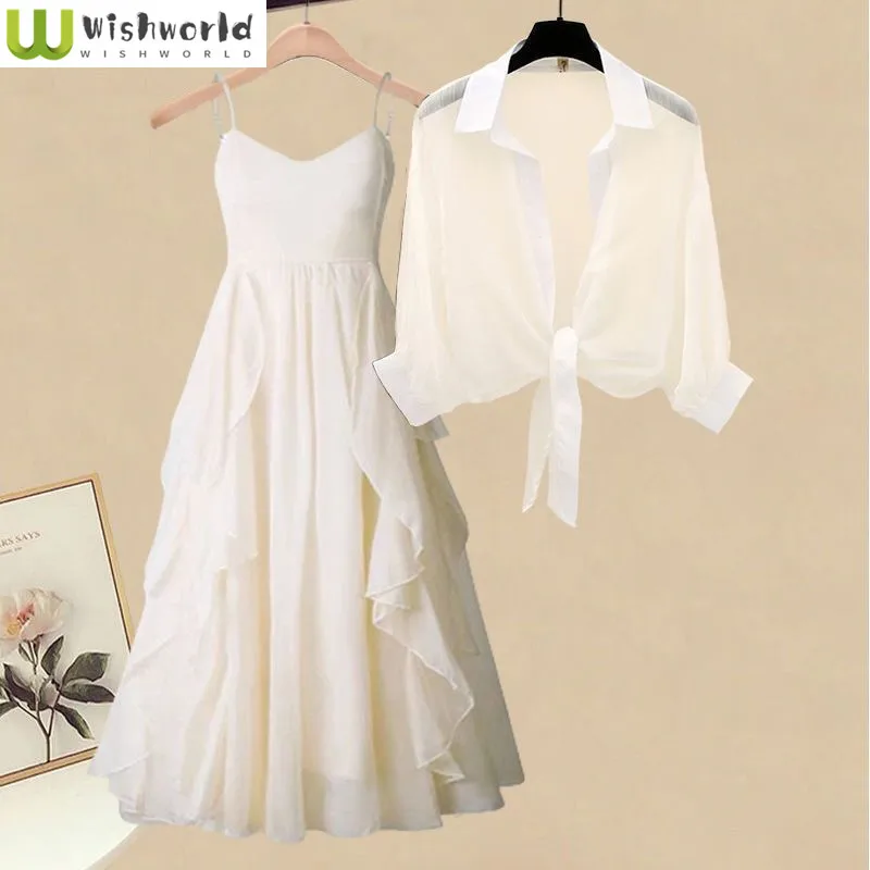 

Spring/Summer Set Women's 2023 New Korean Version Slim and Age Reducing Cardigan Mesh Suspended Dress Two Piece Set Fashion