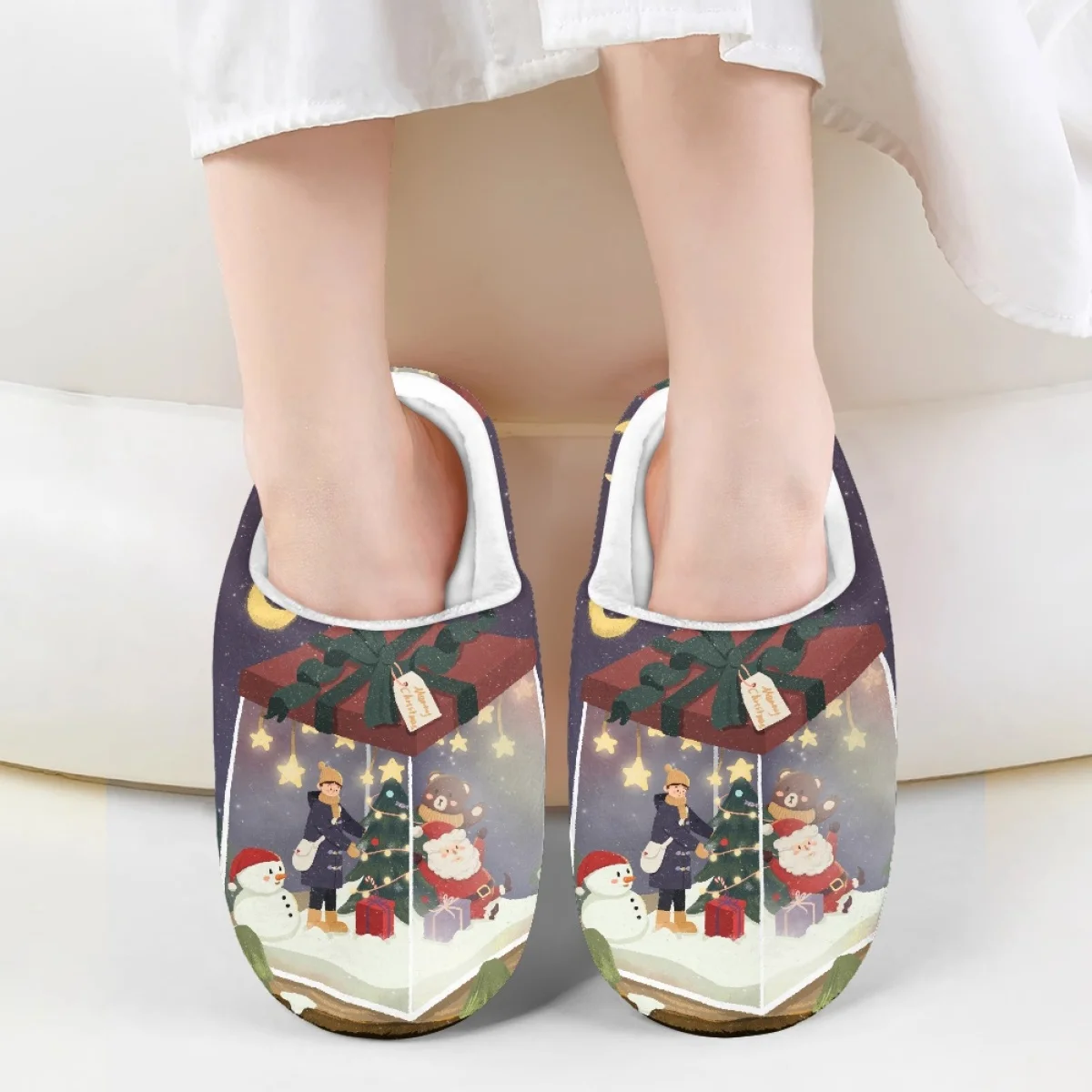 

Gift Snowman Christmas Tree Print Girls Boys Autumn Winter Home Cotton Slipper Lightweight Art Casual Breathable Kids Plush Shoe