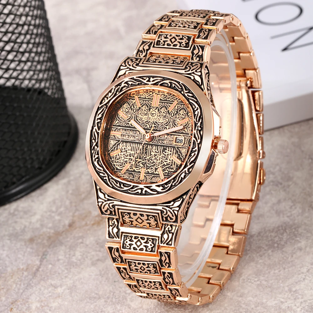 Luxury Rose Gold Watch for Men Vintage Embossed Steel Band Watch Gift for Male Quartz Wristwatches Calendar Clock Reloj Hombre
