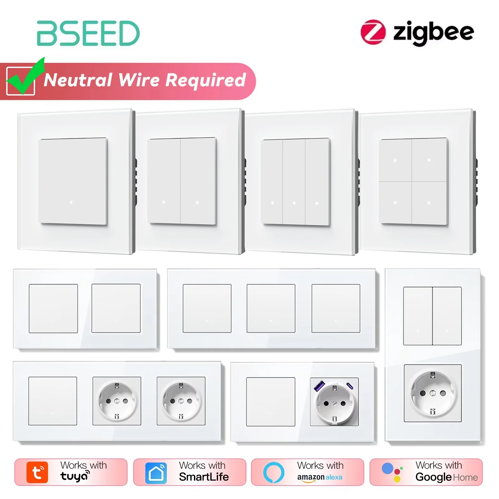 Фото BSEED Zigbee 1/2/3-клавишные умные выключатели света Tuya с кнопками Smart Click, приложение Smart Life, Alexa, розетки EU, порты USB-C (без Zigbee) №1
