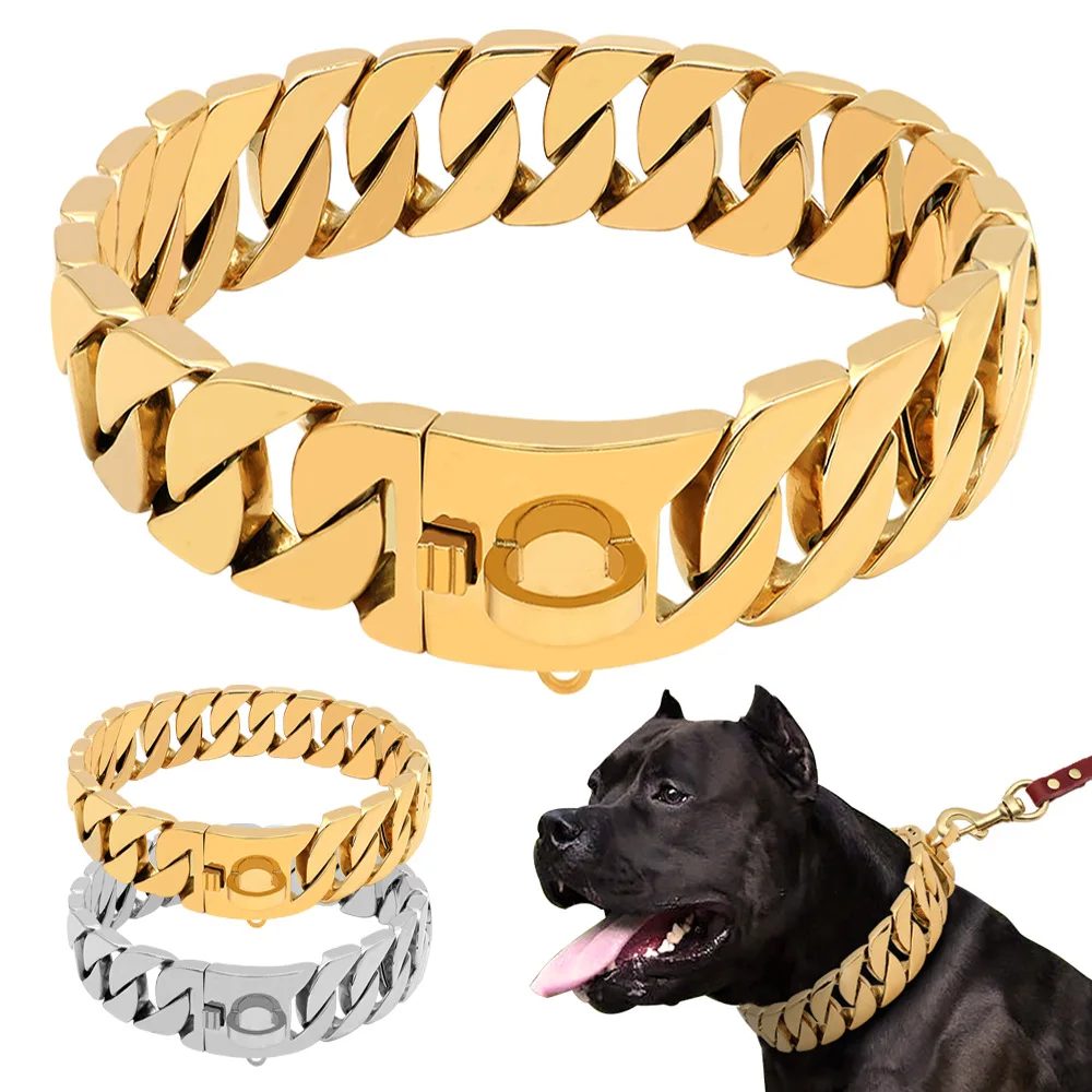 

Strong Metal Dog Chain Collars Stainless Steel Pet Training Choke Collar for Large Dogs Pitbull Bulldog Gold Solid Cuban Collar