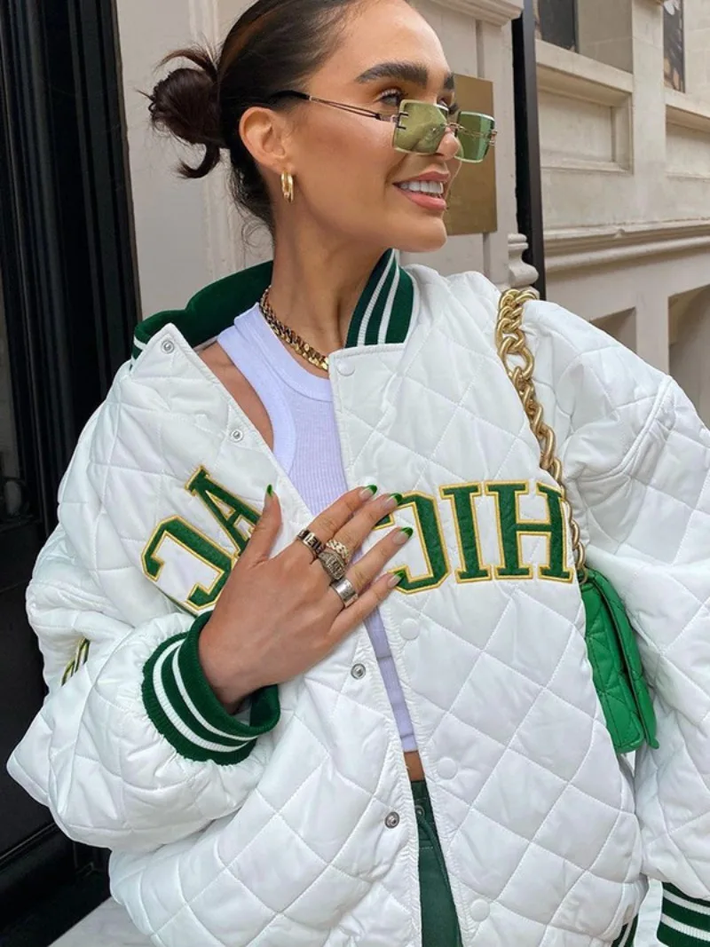 

2023 Autumn Winter Stand Collar Letters Embroidery Cotton Coats for Women Casual Vintage Bomber Jackets White Varsity Jackets