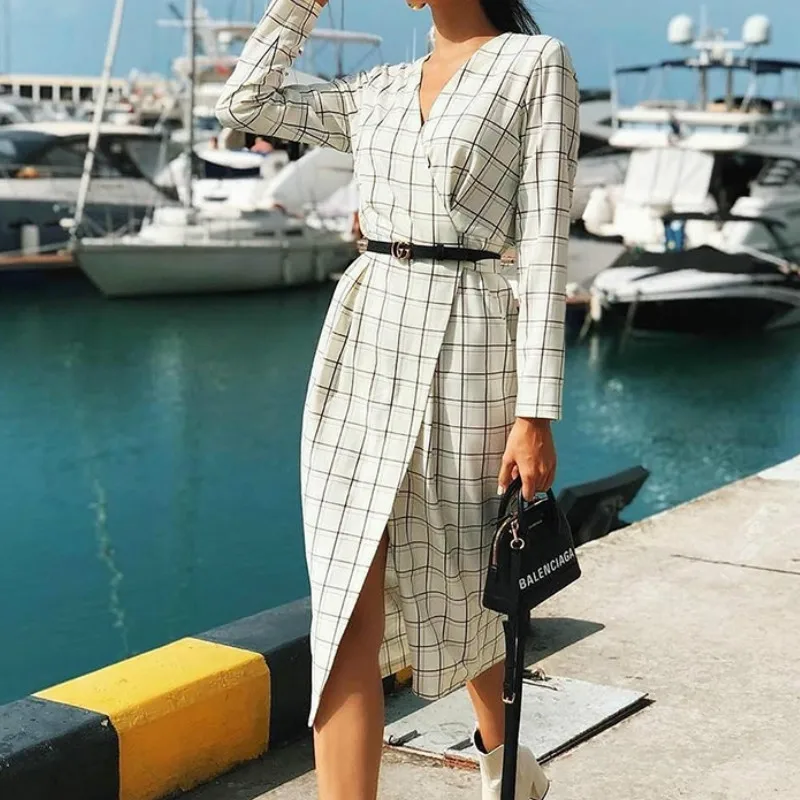 

Elegant Office Lady Long Sleeve Workwear Sashes Plaid Wrap Midi Party Dresses 2021 Women Summer Spring Sexy V Neck Split Dress