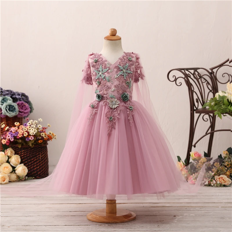

Rose Purplee Princess Flower Girls Dresses with Cape Wrap 2023 Flower Embroidery Lace-up Birthday Communion Dress wear