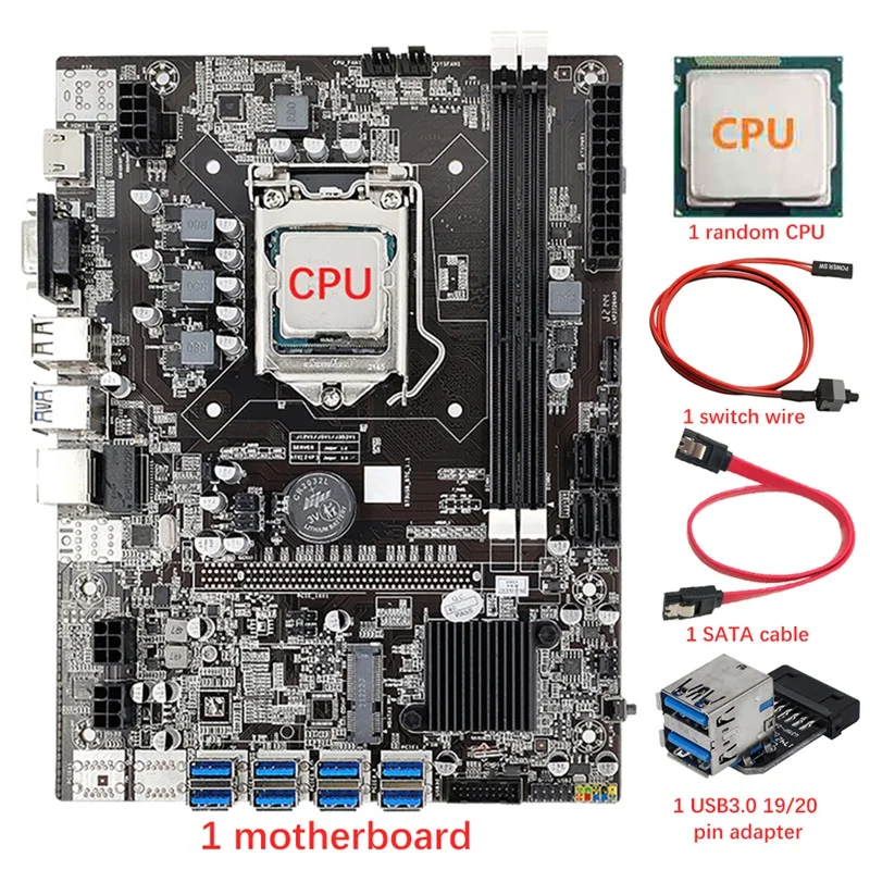 8 GPU B75 BTC/ETH Mining Motherboard+CPU+USB3.0 19/20 Pin Adapter+SATA Cable+Switch Cable 8 USB3.0 LGA1155 DDR3 SATA3.0