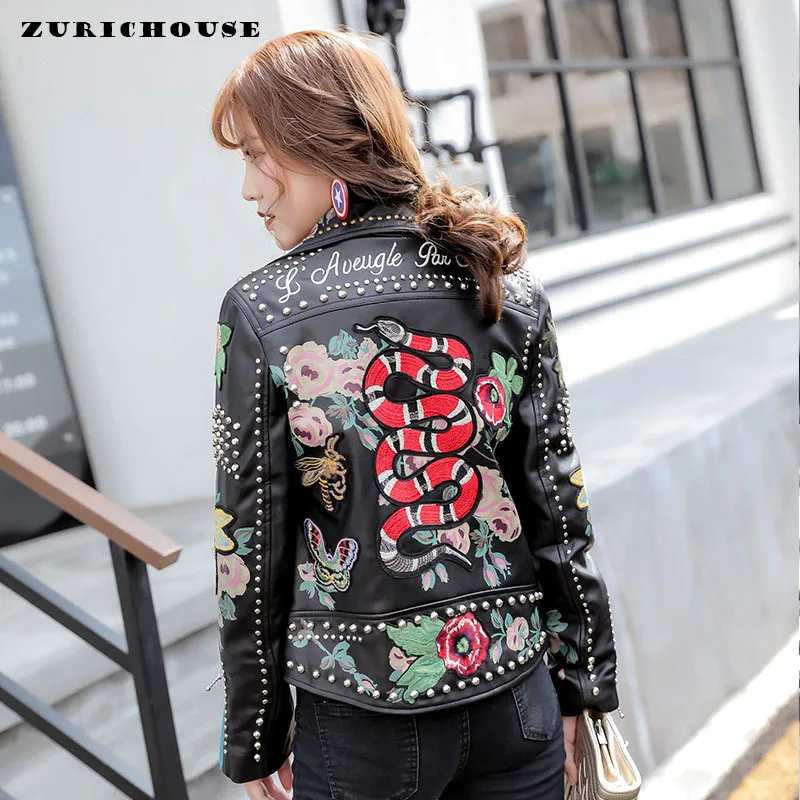 ZURICHOUSE Heavy Embroidery Graffiti Rivet Leather Jacket Women Slim Short Punk Biker Coat Female Soft Faux Leather Jackets