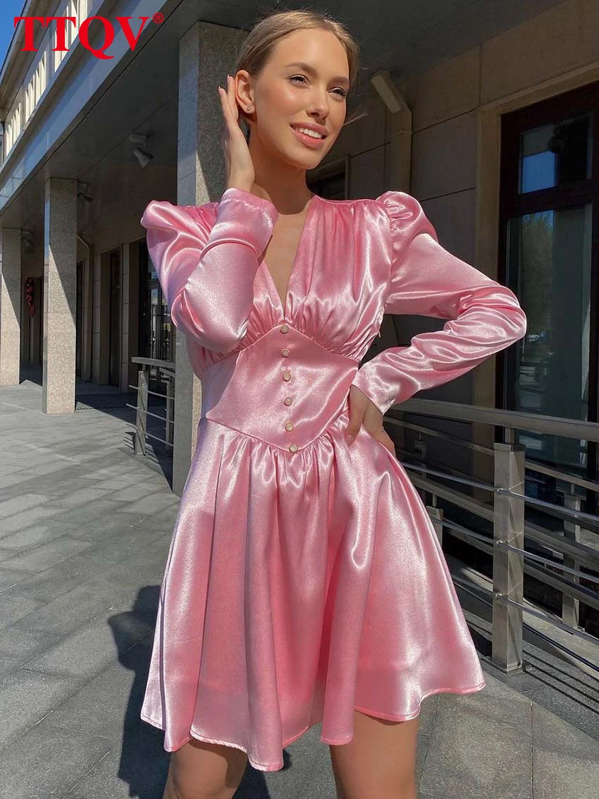 

TTQV Fashion Pink Satin Womens Dresses Elegant V-Neck Single Breasted Female Dresses Autumn Long Sleeve Mini Dress Streetwear