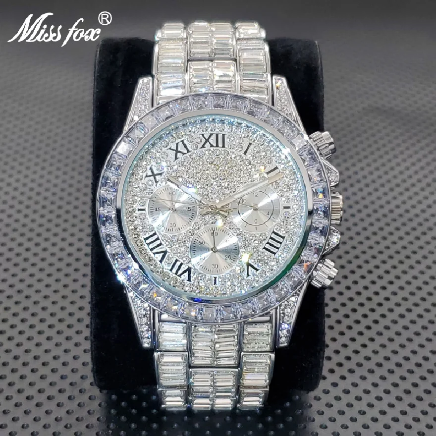 

High End Luxury Men Watch Iced Out Spare CZ Diamond Quartz Wristwatch Fashion Silver Stainless Steel Chronograph Clock Hot Sale