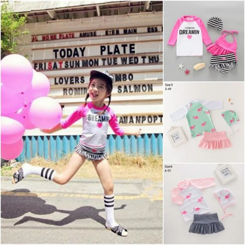 

Baby Swimwear Cute Sunscreen Summer Baby Girl Swimwear Long Sleeved Quick Dry Swimsuit 3Pcs Suit Rash Guard Bikini Polyester