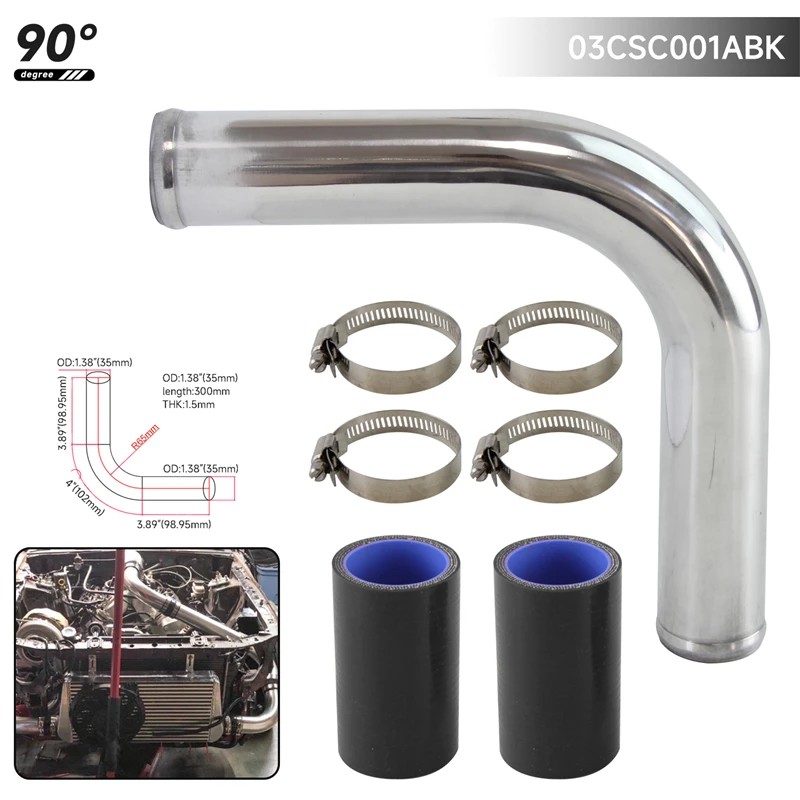 90 Degree 35mm 1.38" Aluminum Turbo Pipe Piping Tube + Silicone hose Clamps Kits Black/Blue/Red