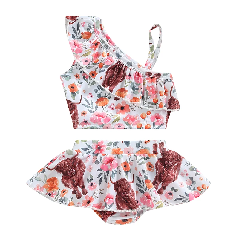 

Bmnmsl Toddler Girls Summer 2PCS Swimwear Sets One Shoulder Floral Tops + Tutu Ruffle Shorts