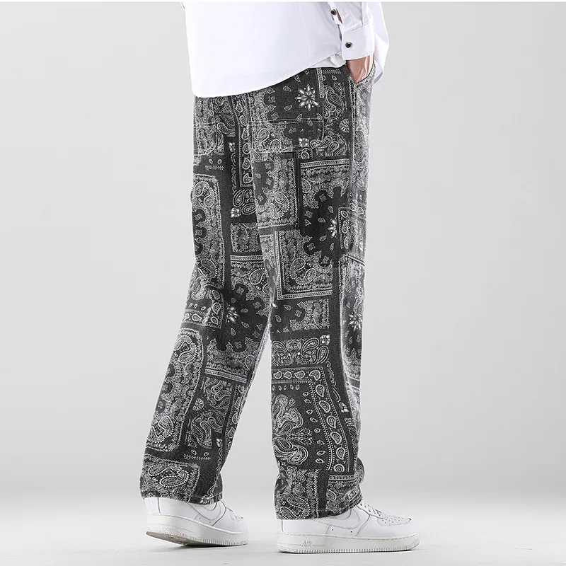 Streetwear Men's Printed Jeans 2021 Autumn New Korean Version Baggy Wide Leg Pants Denim Pants Male Brand Clothes